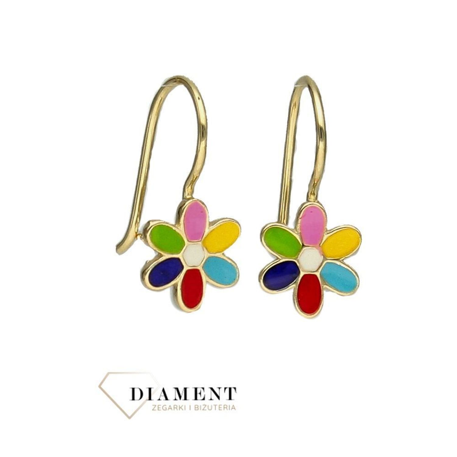 Złote kolczyki dla dziewczynki kwiatki 585 kolorowa emalia KL 3248C.jpg